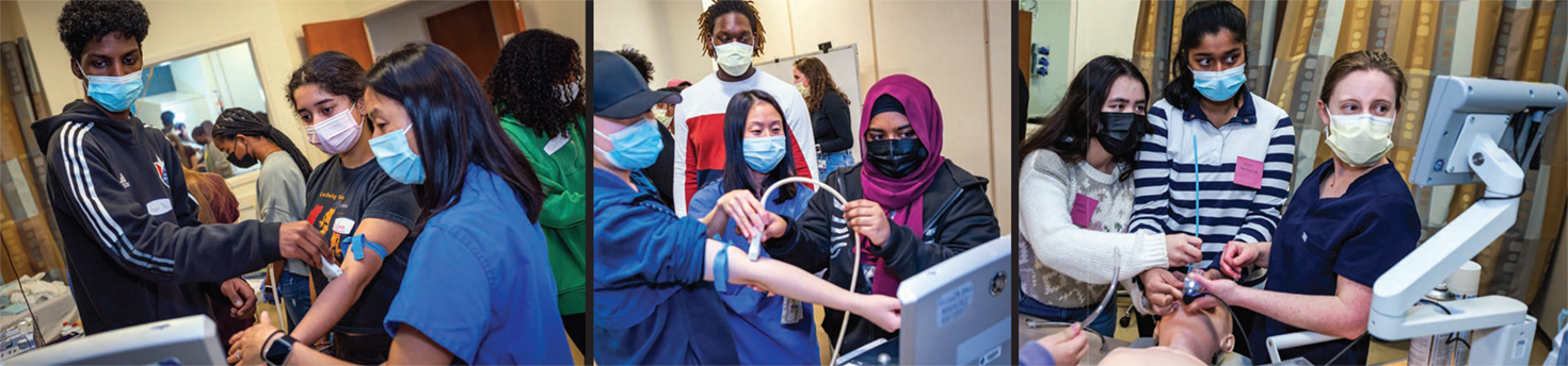 High school students practicing medical procedures in the Duke Human Simulation and Patient Safety Center during Anesthesiology Day.