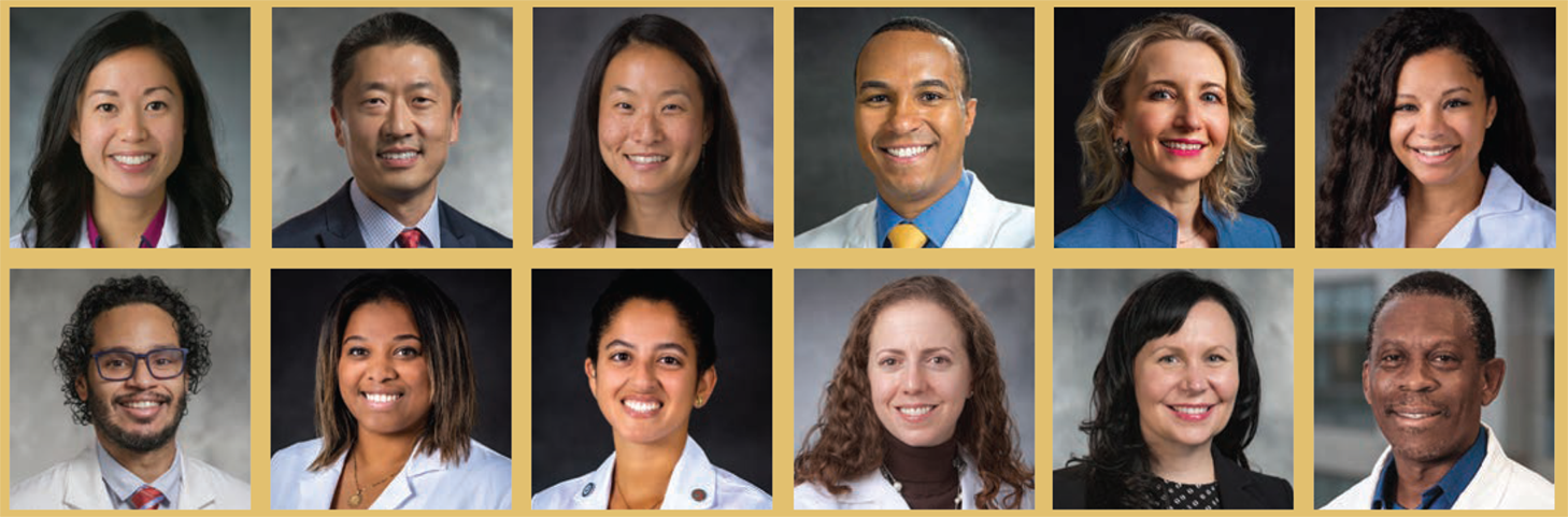 Top row, left to right: Education Champions: Drs. Amanda Kumar and Peter Yi, Medical Student Education Champion: Dr. Grace McCarthy,  Trainee Recruitment Champion: Dr. Eric JohnBull, Faculty Champion: Dr. Jeanna Blitz, Fellow Champions: Drs. Liliane Ernst and  Miguel Yaport,  Resident Champions: Drs. Ashley Vincent and Theresa Rizk, Quality and Safety Champion: Dr. Abigail Melnick,  Research Equity Champion: Dr. Melissa Bauer, Global Health Equity Champion: Dr. Adeyemi Olufolabi