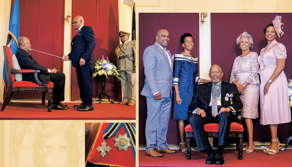 Dr. Parris being knighted in St. Lucia in May of 2022; Dr. Parris with his family at the Investiture Ceremony wearing his Knight Commander medals.