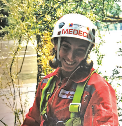 Dr. Miriam Treggiari in rescue gear during a helicopter rescue mission.