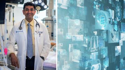 Dr. Vijay Krishnamoorthy pictured beside a abstract graphic of medical technology