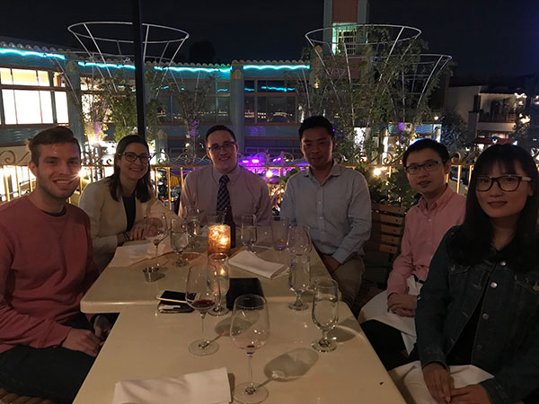 Fun at the end of a long day: 37th annual APS meeting, Anaheim, CA. From left to right: Scott Scarneo, Dr Andrea Nackley, Zachary Smothers, Dr Yong Chen, Dr Xin Zhang, and Qian Bai