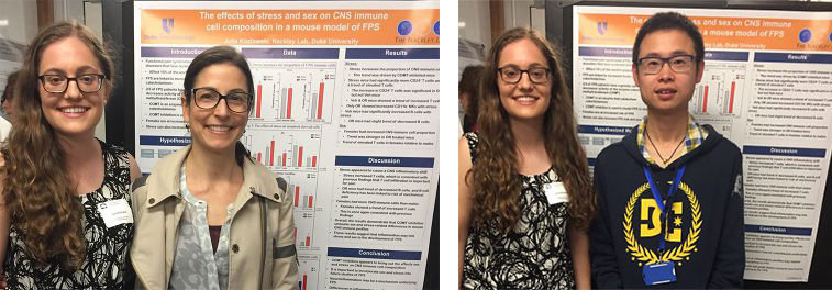 Left: Julia Kozlowski and Dr Andrea Nackley at the April 2018 undergraduate thesis poster session; Right: Julia Kozlowski and Dr Xin Zhang at the April 2018 undergraduate thesis poster session