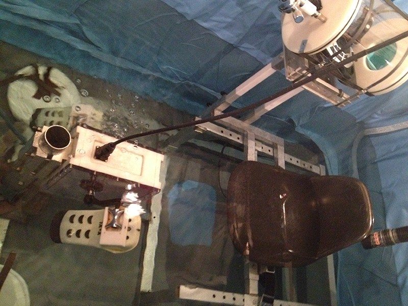Overhead view of the CO2 Narcosis study set up. Photo shows the underwater joystick container, the cycle ergometer and the breathing hoses.