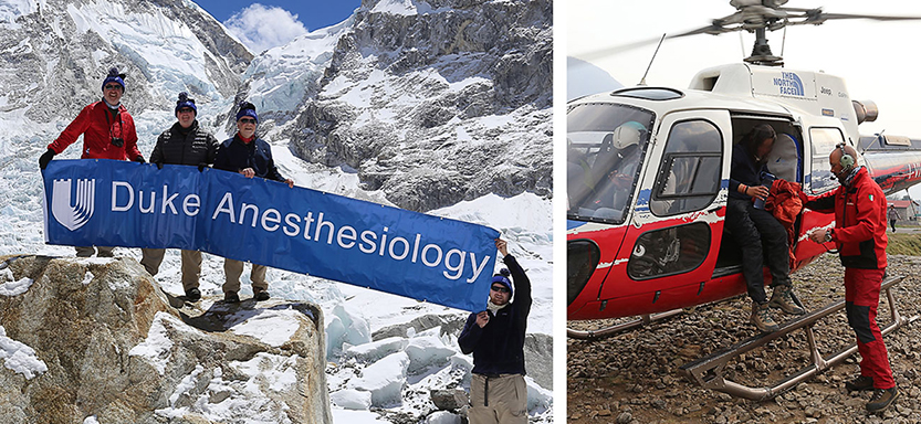 Duke Anesthesiology Banner at Mt. Everest and Helicopter landed on Mt. Everest
