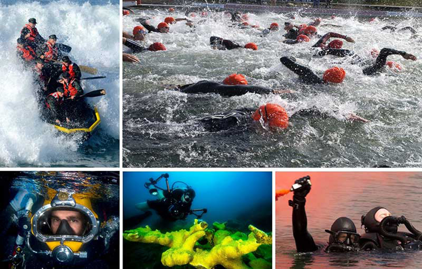 Collage of water activities, swimming, diving, rafting