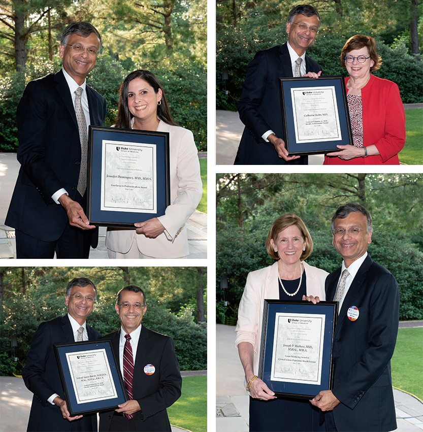 Top: Dr. Mathew with Dr. Dominguez's award; Dr. Mathew with Dr. Kuhn's award.  Bottom: Dr. Mathew with Dr. Habib's award; Dean Mary Klotman with Dr. Mathew's award.