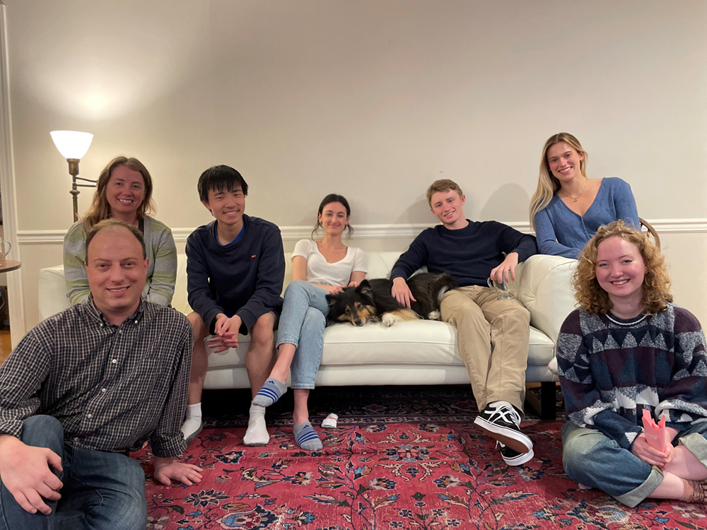 End of term celebration with Ken Roberts, Emmalee Metzler, Kevin Xu, Ava Rothrock, Shelby the lab mascot, Hayden Kenney, Sloan Soyster-Heinz, and Izzy Kjaerulff. 