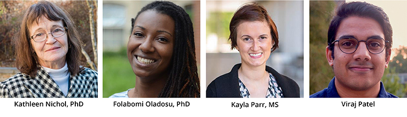 Left to Right: Kathleen Nichol, PhD, Folabomi Oladosu, PhD, Kayla Parr, MS, Viraj Patel