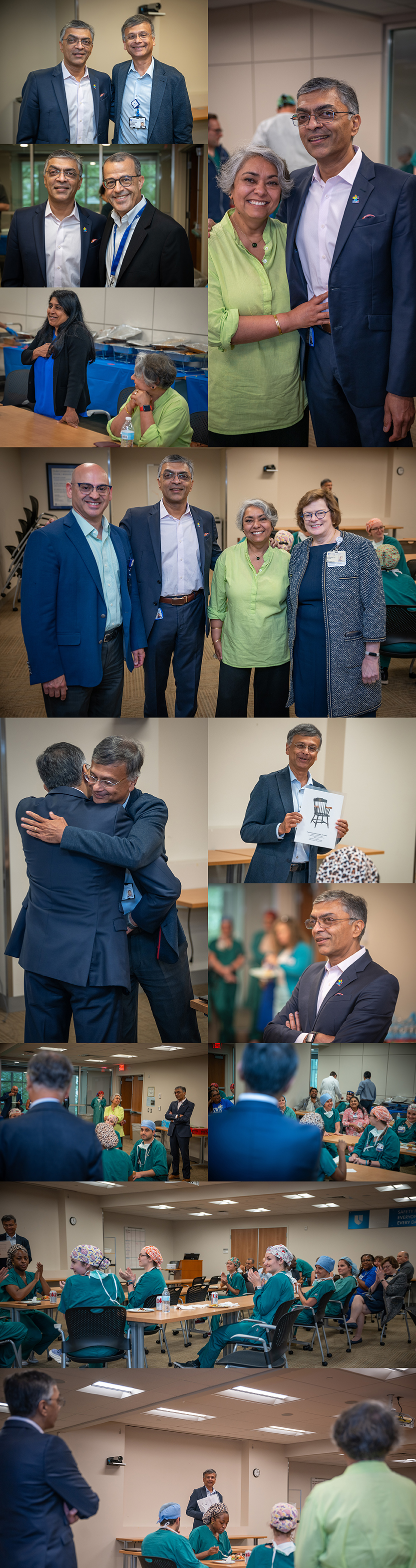 A collage of pictures taken at Dr. Swaminathan's celebration party. It features Dr. Swaminathan's wife, Dr. Mathew and other members of the department.