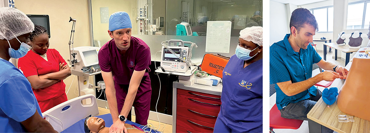 Left to right, the Duke team leading a mock code at the UGMC ICU; Dr. Cortina demonstrating lumbar epidural placement at the UGMC.