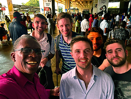 The Duke Anesthesiology team arrives in Accra. Front to back, left to right: Dr. Adeyemi Olufolabi, Dr. Fintan Hughes, Marc Ayoub, Dr. George “Bert” Cortina, Dr. Keith VanDusen, and Maurice Ayoub.