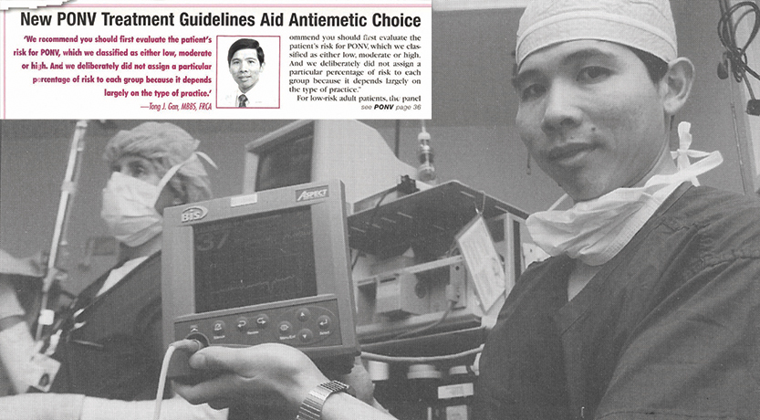 Dr. Gan demonstrating an electro-acupuncture stimulating box, which he showed to reduce postoperative nausea and vomiting (PONV) in patients undergoing major breast cancer surgery (pubmed.ncbi.nlm.nih.gov/15385352).