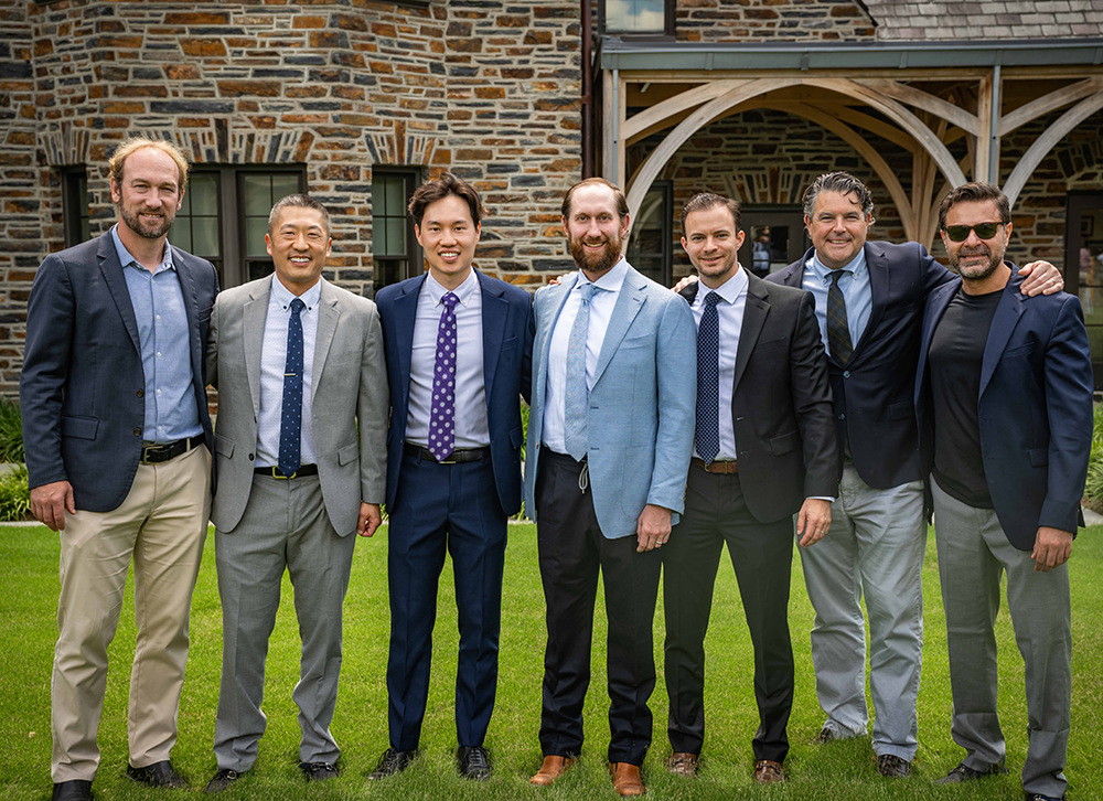 Left to Right: Dr. Kevin Vorenkamp (chief, Pain Medicine Division), Dr. Peter Yi (fellowship program director), graduates Drs. Davis Cho, Kyle Pribyl, John Pierce, along with faculty Drs. Cain Dimon and Muhammad Farooq Anwar.