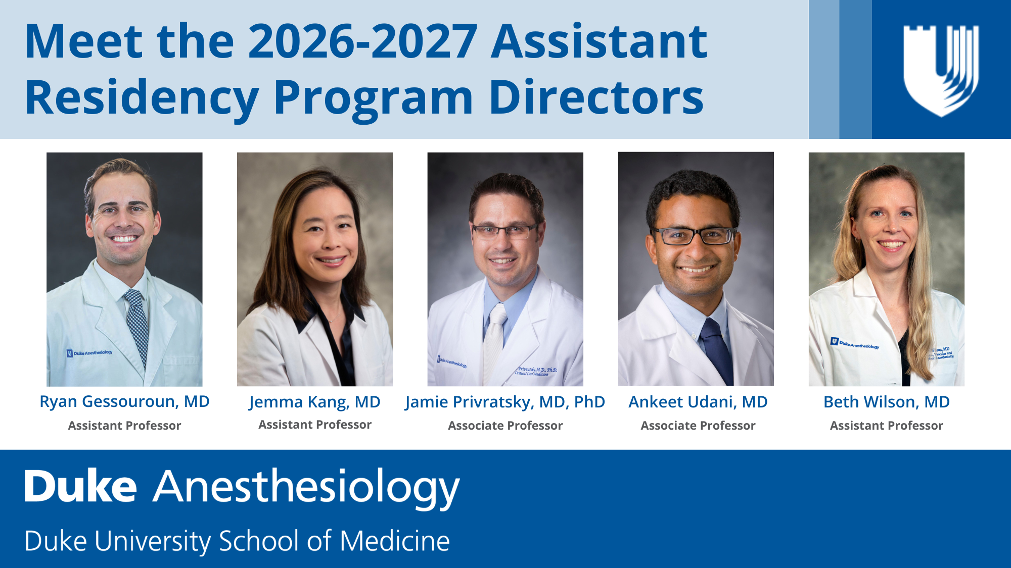 New assistant residency program directors (APDs),&nbsp;Drs. Ryan Gessouroun, Jemma Kang, Jamie Privratsky, Ankeet Udani (interim), and Beth Wilson