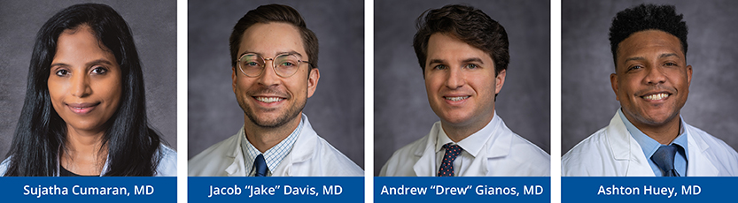 Left to Right: Sujatha Cumaran, MD, Jacob Davis, MD, Andrew Gianos, MD, and Ashton Huey, MD