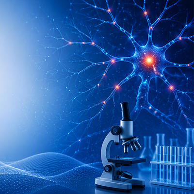 Image of a pain receptor and a microscope on a blue abstract background representing pain research.