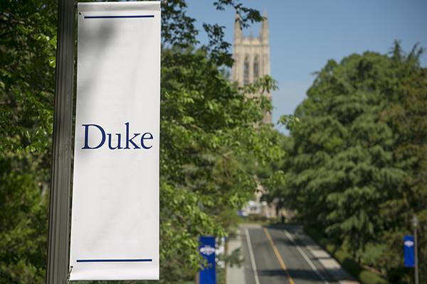 Duke banners displayed along the road to Duke Chapel