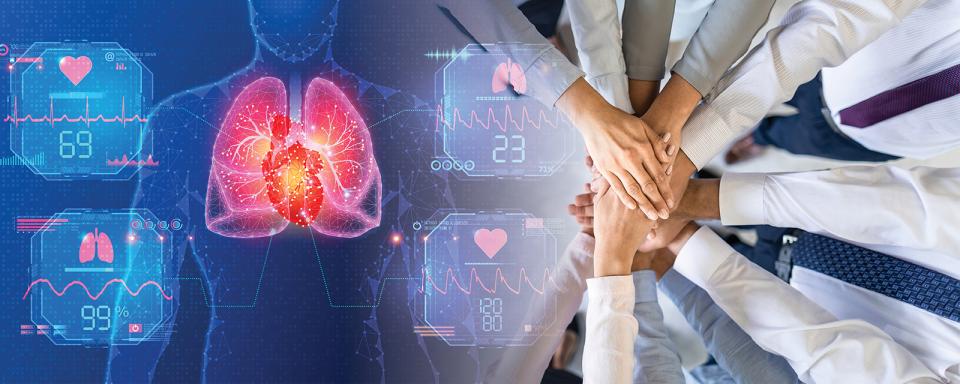 Critical Care abstract graphic faded in to a group of doctors collaborating.