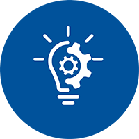 Blue round icon with a white light bulb and gear