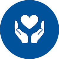 Round blue icon with white hands holding heart