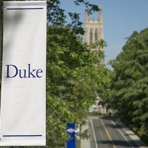 Duke banners displayed along the road to Duke Chapel